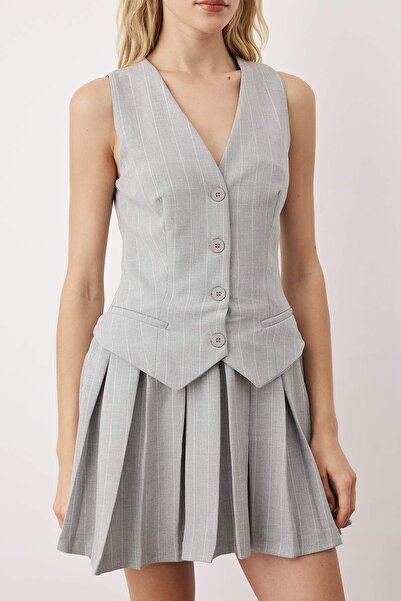 Trendyol Collection Gray Striped Polyviscon Mini Woven Dress Twoaw26El00287