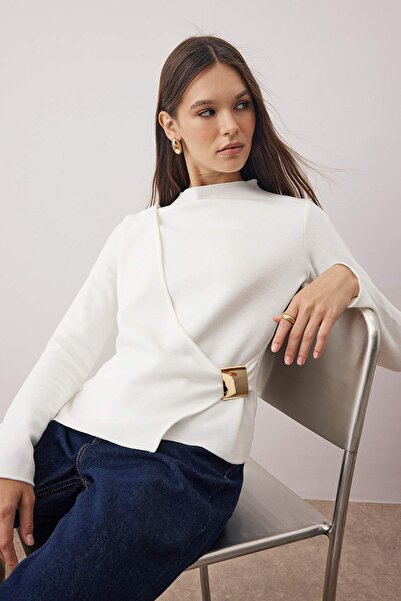 Trendyol Collection Ecru Thessaloniki Accessory Detailed Wrapped Long Sleeve Knitted Blouse Twoaw26Bz00115