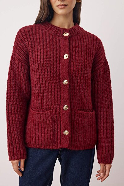 Trendyol Collection Burgundy Soft Textured Wide Fit Basic Knitwear Cardigan Twoaw26Hi00249