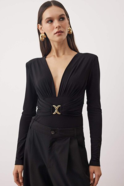 Trendyol Collection Schwarzer, gepolsterter Party-Body mit V-Ausschnitt und d...