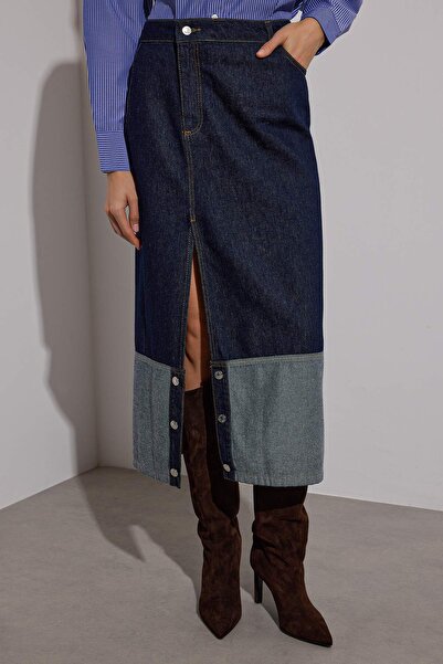 Trendyol Collection Limited Edition Dark Blue Asymmetric Closure Midi Denim Skirt Twoaw26Et00063