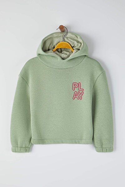 TRENDYOLKIDS Mint Cotton Printed Hooded Regular Thick/Inside Fleece Girls Knitted Sweatshirt Tkdaw26Sw00035
