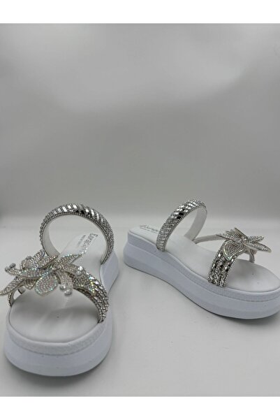 adelix Ortopedik Taban Kadın Taşlı Çiçekli Terlik Beyaz