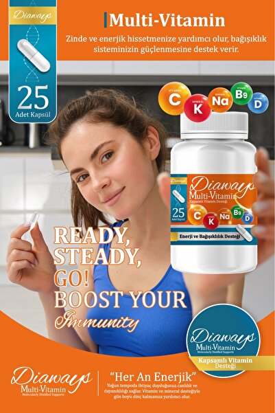 DİAWAYS Multivitamin, Magnezyum, Demir, Çinko, Folik Asit, Vitamin E C B3 B5 B6 B2 B1 D3 K2 takviye gıda