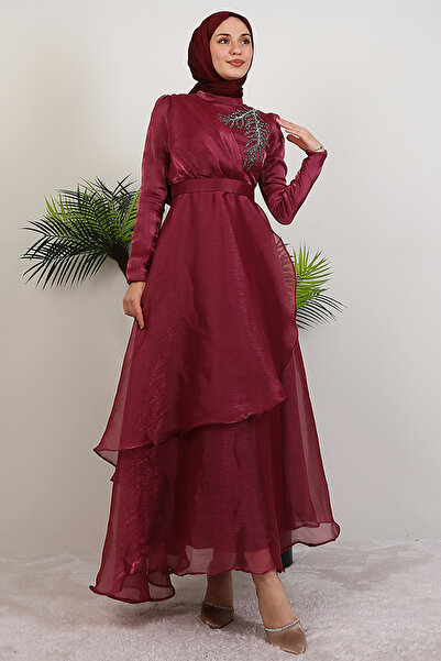 GİZ AGİYİM Taşlı Organze Abiye Fuşya