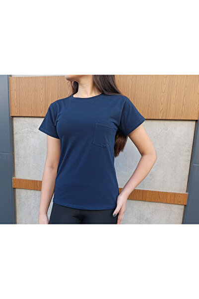 siyalife Tricou pentru femei cu decolteu crew, detaliu de buzunar, albastru b...