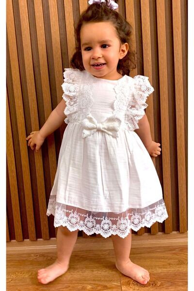 minikiti Λευκό 100% βαμβακερό μουσελίνα φόρεμα για κορίτσια με φιόγκο και δαντέλα φόρεμα καθημερινό φόρεμα γενεθλίων