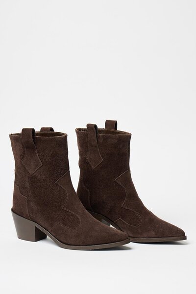 Madamra Kadın Kahverengi Süet Hakiki Deri Western Topuklu Bot – Sivri Burun & Topuklu