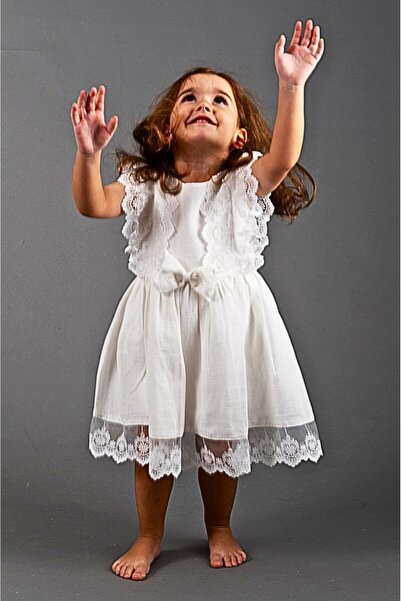 minikiti White 100% Cotton Muslin Girl's Dress Bow Lace Dress Daily Birthday Eid Dress