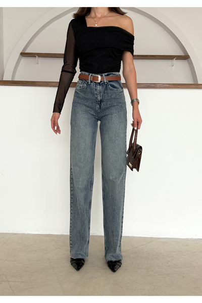 Bluezoni D98 Blugi pentru femei talie înaltă albastru închis vintage tiv nefi...