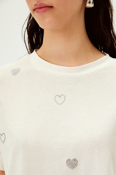 Allyco Heart Stone Detailed Crew Neck Cotton Regular Knitted T-Shirt