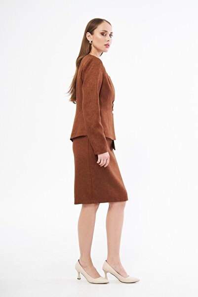 LOVELF İnci Düğme Yünefekt Etekli Takım Kahve