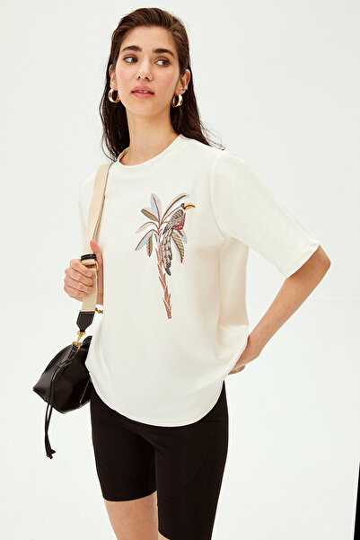 Allyco Πλεκτό μπλουζάκι με κεντημένη φιγούρα παπαγάλου με λαιμόκοψη από βαμβακερό άνετο πλεκτό μπλουζάκι