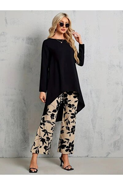 mirror the beauty güzelliği yansıtın Equri̇ Women's Long Sleeve Crew Neck Asymmetrical Cut Detailed Viscose Blouse and Floral Patterned Two Thread