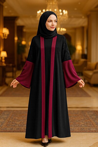 Neva Style - Claret Red Hijab Abaya with Sleeves Detail 55510br