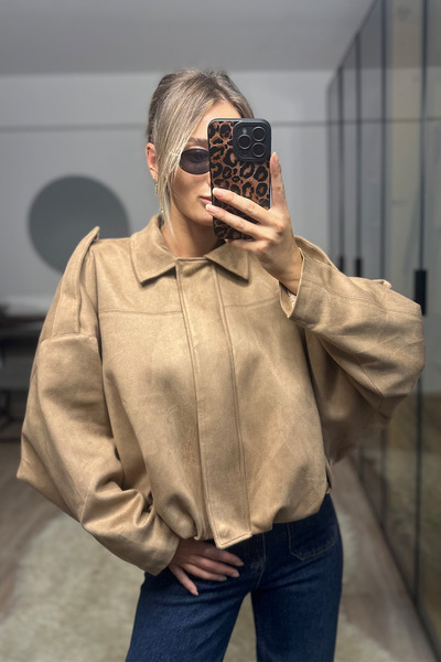 NET OF NOT Oversize Kadın Bomber Süet Deri Ceket