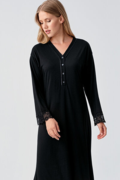 Artış Long Sleeve Lace Buttoned Stretchy Viscous Nightgown
