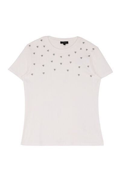 FABRIKA COMFORT Kırık Beyaz Kadın Basic Taşlı T-Shirt FC4WL-TST0515