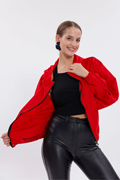 Montland Women's Red Hooded Waterproof and Windproof Oversize Raincoat with Pockets