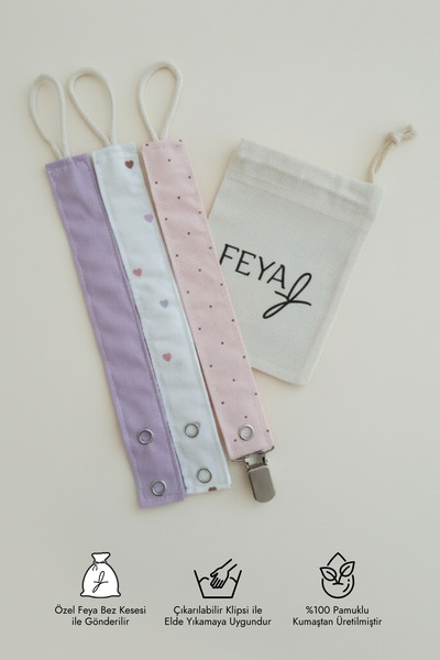 Feya Vika 3'lü Kalp&Nokta Desenli Pamuklu Yıkanabilir Emzik Askısı - Beyaz, L...