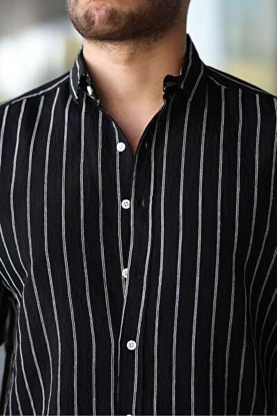 Valiberta Scorsese Çizgili Relaxed Fit Erkek Gömlek - Siyah