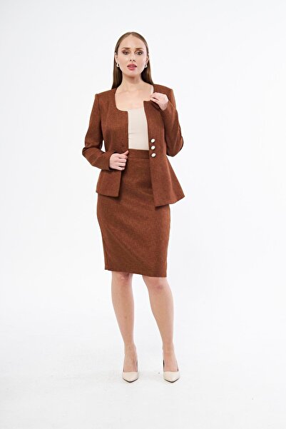 LOVELF İnci Düğme Yünefekt Etekli Takım Kahve