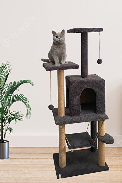 Nursoft Y-01 Salıncaklı Yuvalı Lüx Kedi Tırmalama Oyun Evi-Antrasit
