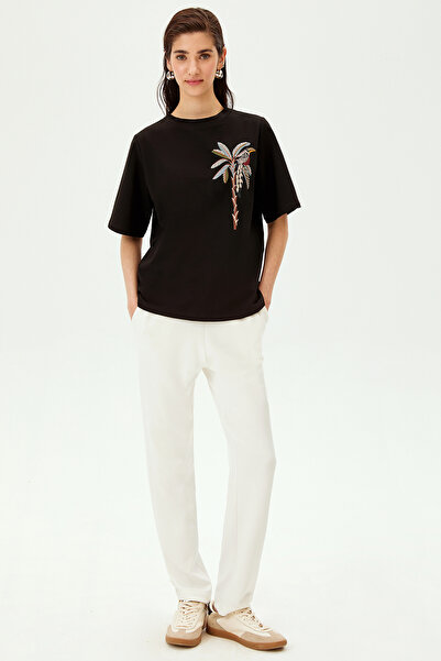 Allyco Πλεκτό μπλουζάκι με κεντημένη φιγούρα παπαγάλου με λαιμόκοψη από βαμβακερό άνετο πλεκτό μπλουζάκι