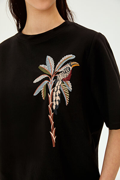 Allyco Πλεκτό μπλουζάκι με κεντημένη φιγούρα παπαγάλου με λαιμόκοψη από βαμβακερό άνετο πλεκτό μπλουζάκι