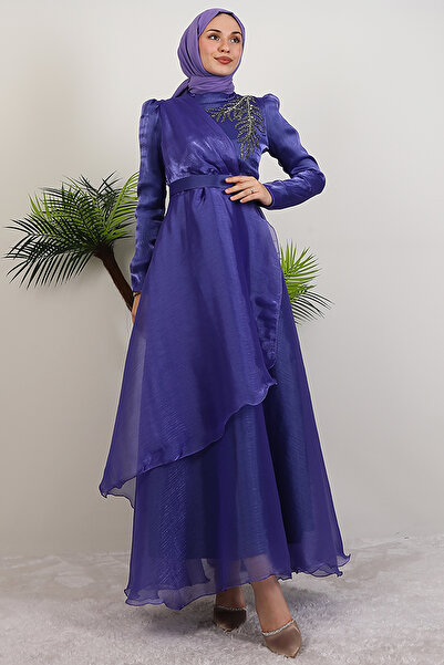 Giza Giyim Taşlı Organze Abiye Koyu Lila