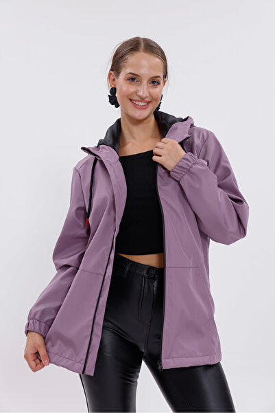 Royalside Γυναικείο αδιάβροχο με επένδυση από δαμάσκηνο, αδιάβροχο και ανθεκτικό στον αέρα, με κουκούλα και τσέπες