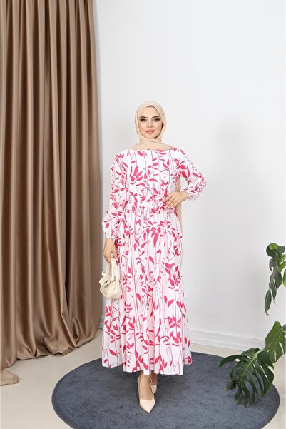 NİSUM MODA فستان منقوش بأوراق الشجر