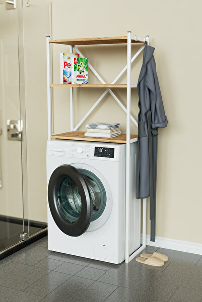 Hediyeler Kapında Askılıklı Çamaşır Makinesi Üstü Banyo Düzenleyici Raf Çok Amaçlı Organizer Beyaz - Ahşap