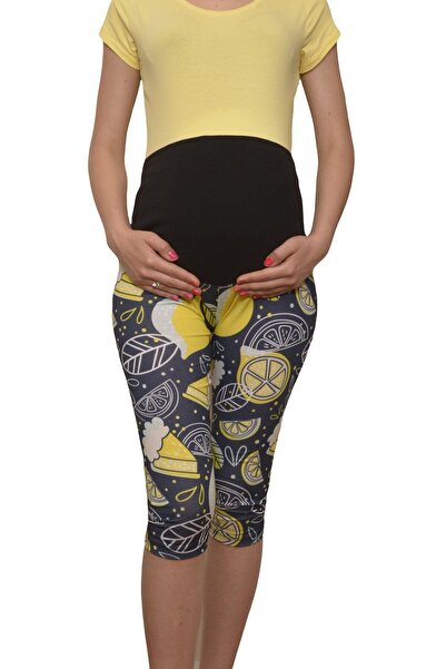 Luvmabelly Maternity 8021 - Pamuklu Göbek Destekli Limon Desenli Kapri Hamile Tayt