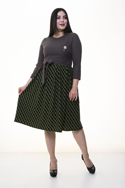 modayız Green Flared Skirt Plus Size Dress 25B-094399