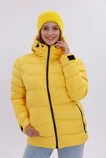 Royalside Kadın Sarı Kapüşonlu Içi Polarlı Kürklü Su Geçirmez Rüzgara Dayanıklı Şişme Mont Kaban Parka