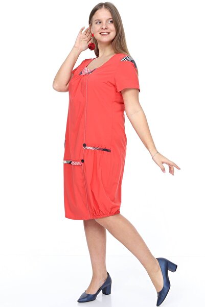 modayız Summer Garnished Coral Plus Size Dress 14F-0890