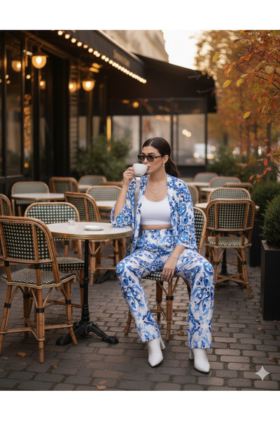 MODA Women's Light Blue Patterned Kimono and Trousers Double Set