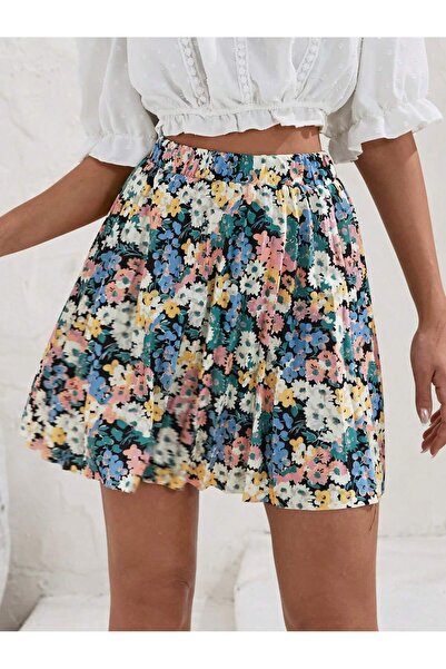 Moda ZR Kadın Pileli Çiçek Desenli Mini Etek