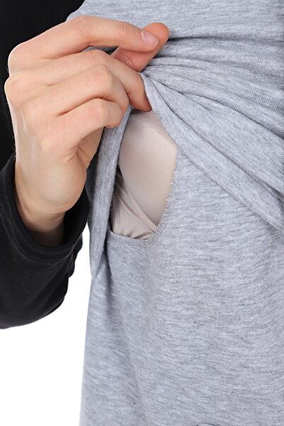 Luvmabelly Myra4524 Черно-сив суитшърт за кърмене с качулка и джобове