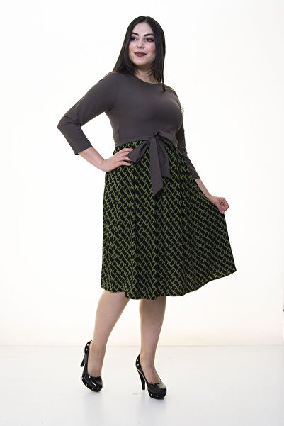 modayız Green Flared Skirt Plus Size Dress 25B-094399