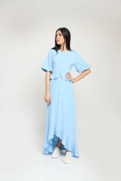 Nichii Solid Long Ruffle Dress with Short Sleeves