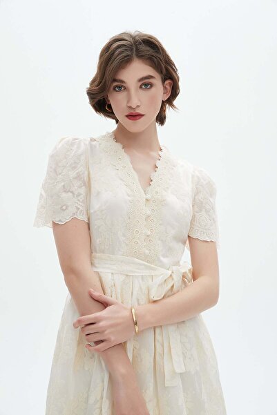 Nichii Women's Midi Dress with Lace Details and Bow Waist Belt