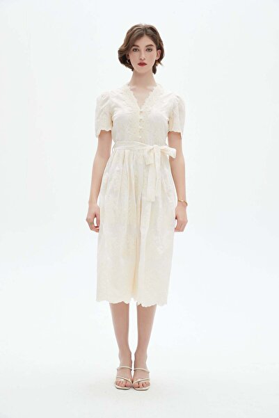 Nichii Women's Midi Dress with Lace Details and Bow Waist Belt