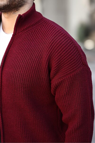 Valiberta Woody Oversize Thessaloniki Knitted Zippered Men's Cardigan - Burgundy