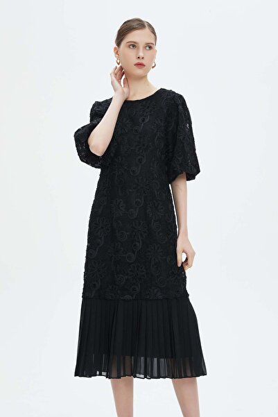 Nichii فستان نسائي متوسط الطول مطوي بأكمام نصفية وخصر ملائم