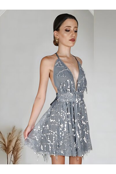 DADUCOLLECTİON Gri Pullu Elbise