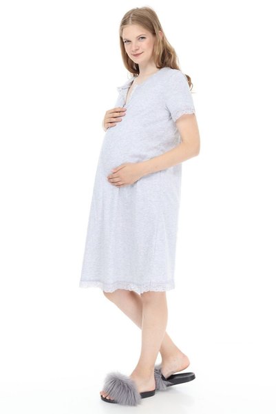Luvmabelly Myra9590 Cămașă de noapte pentru maternitate cu dantelă și închidere frontală - Gri