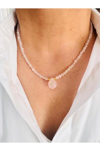 DEVİ fashion Pink Quartz Natural Stone Drop Necklace 45 cm