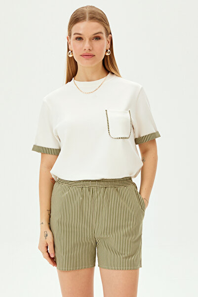 Allyco Beli Lastikli Kısa Çizgi Detaylı Rahat Kalıp Pamuklu Şort